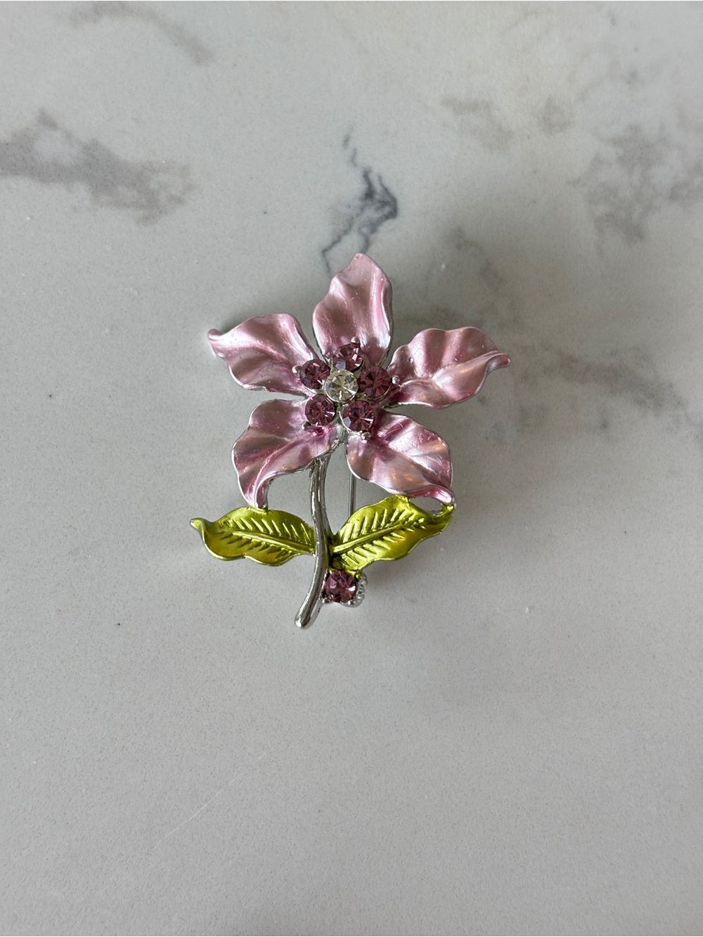 Vintage metal pin, pretty lavender flower with rhinestones